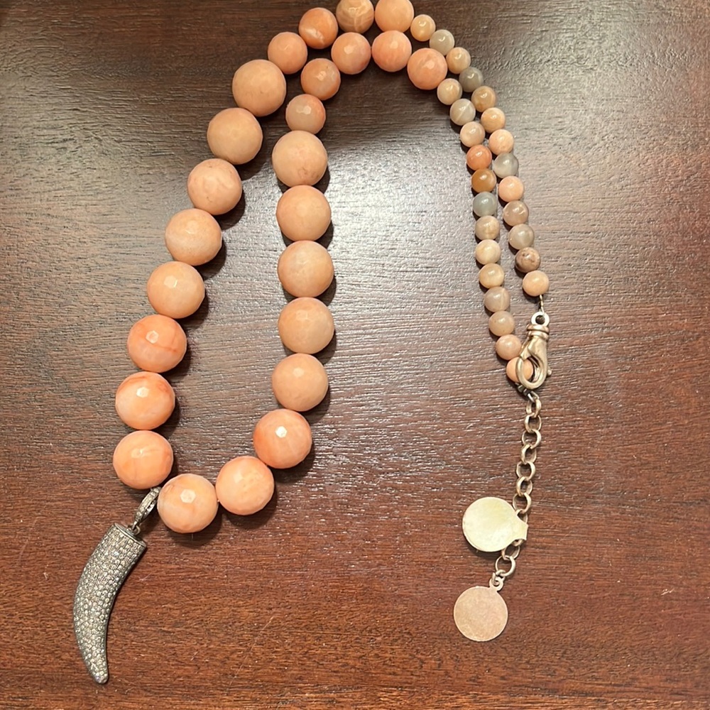 Pave diamond horn necklace with peach moonstone beads